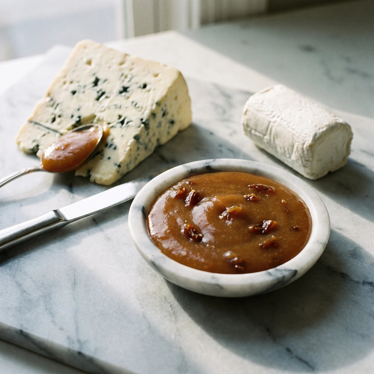 Marmorplatte mit Blauschimmel und Ziegenkäse, dazwischen eine Schale mit Verliebte-Dattel-Dip