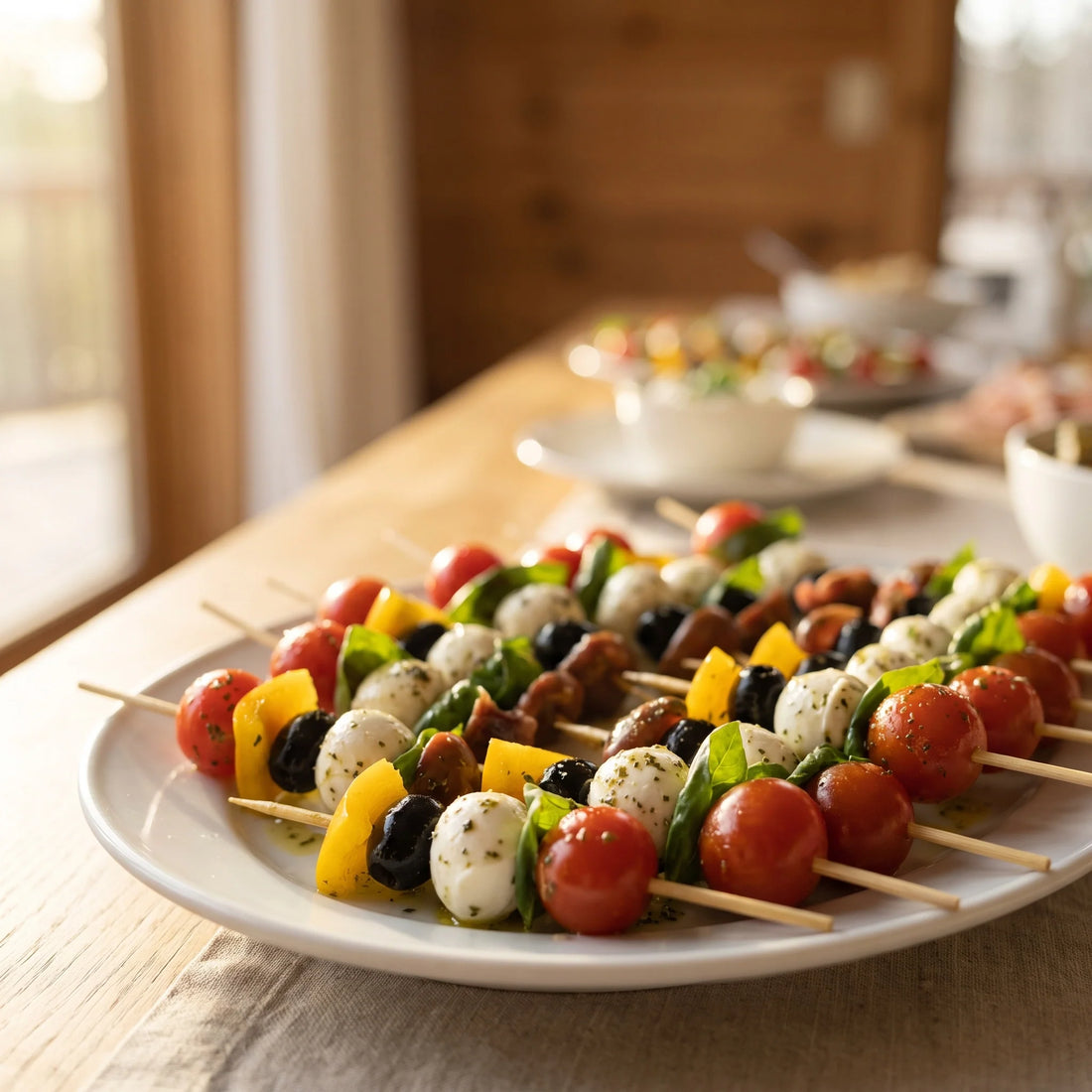 Bunte Spieße mit Mini-Mozzarella, Kirschtomaten, Oliven, Paprika und Basilikum in einer Marinade
