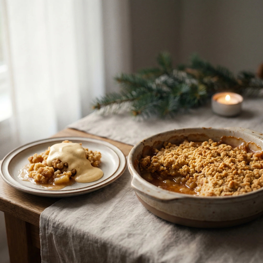 Apfel Crumble in der Auflaufform, daneben eine Portion auf dem Teller mit schmelzender Zimtschnecken Creme