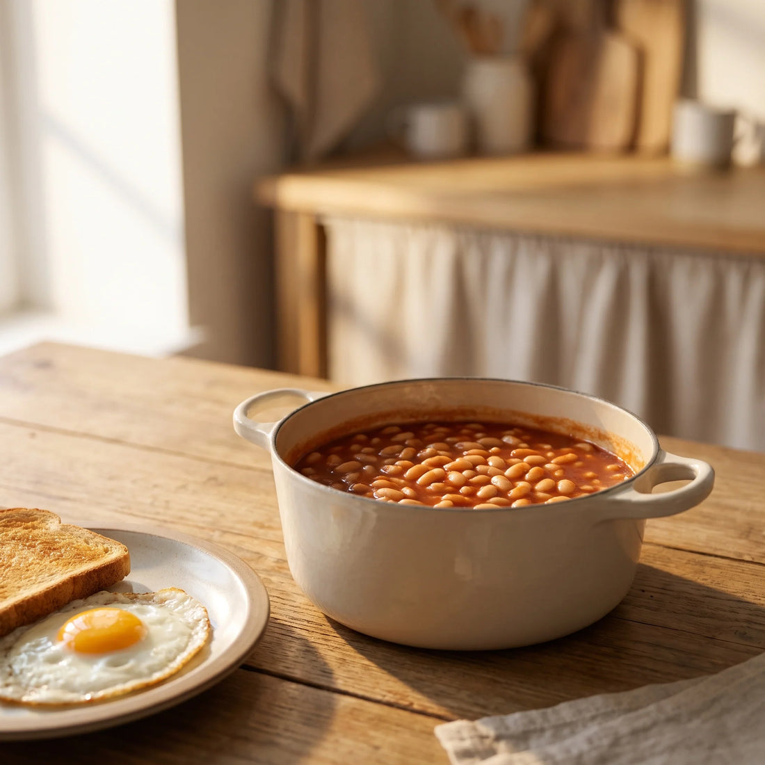 Ein Topf mit weißen Bohnen in dicker roter Tomatensauce, daneben ein Teller mit Spiegelei und Toast