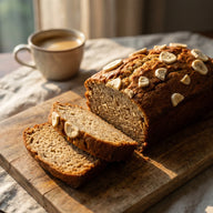 Ein angeschnittenes Bananenbrot auf einem Holzbrett, obendrauf knusprige Bananenstücke, daneben eine Tasse Kaffee