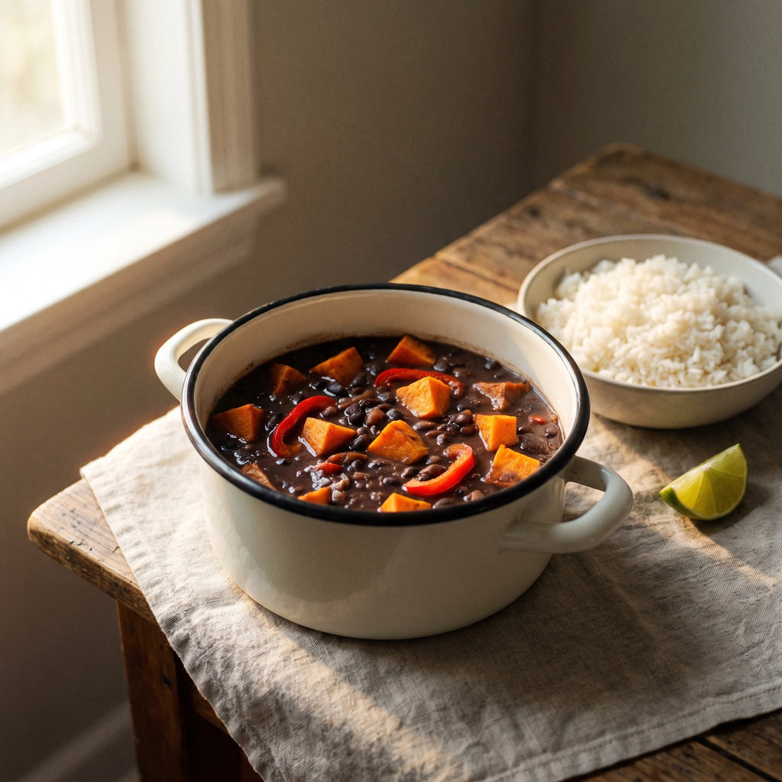 Ein Topf mit dunklem Eintopf aus schwarzen Bohnen, Süßkartoffelwürfeln und Paprika, daneben Reis und Limette