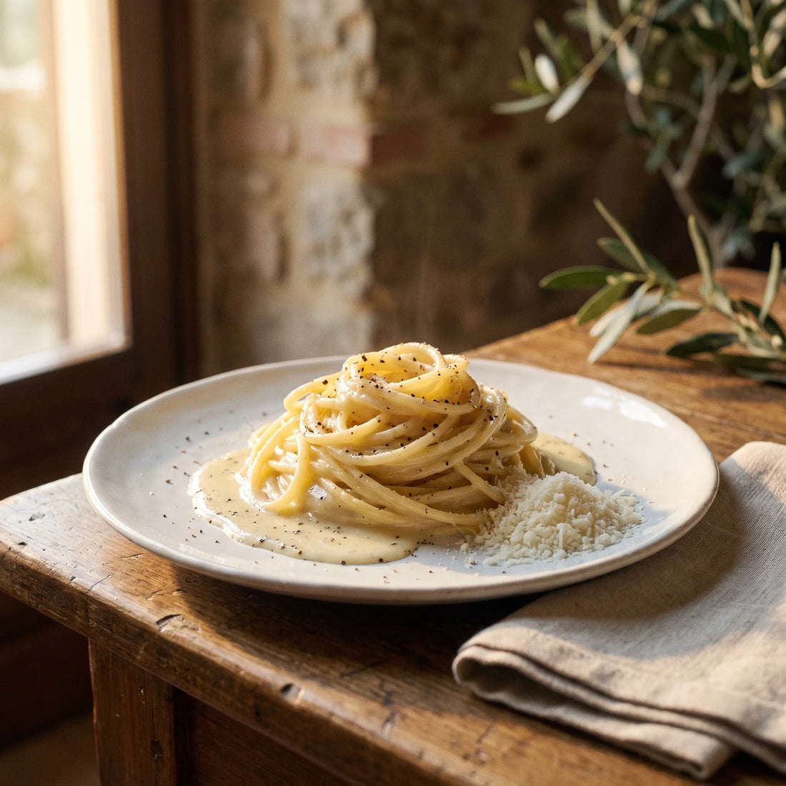 Ein Teller Spaghetti in cremiger heller Käsesauce mit grob gemahlenem Pfeffer