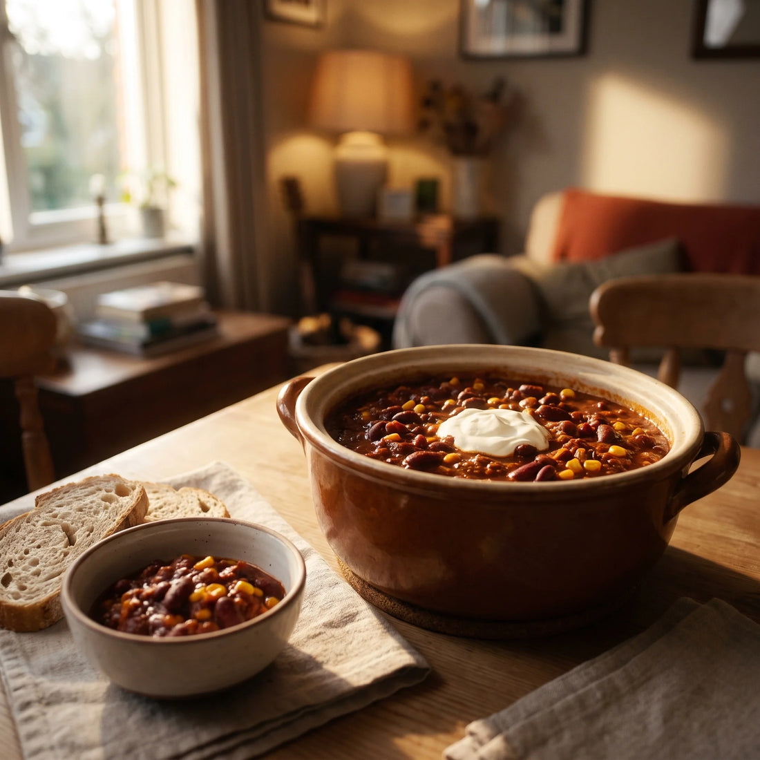 Ein Topf dickes Chili con Carne mit Bohnen, Mais und Hackfleisch, daneben Schmand und Brot