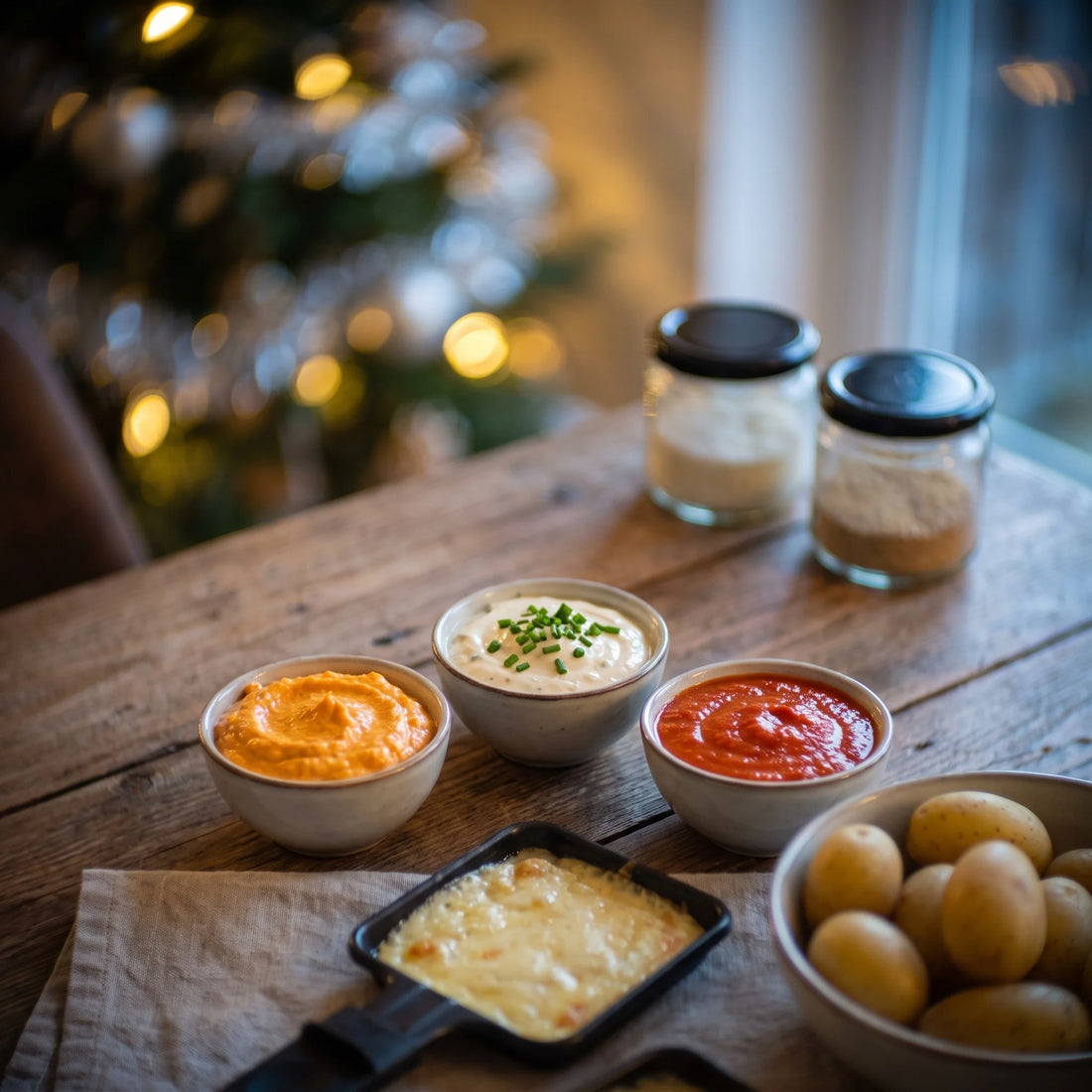 Drei Schälchen mit orangem, hellem und rotem Dip neben Raclette-Pfännchen und Kartoffeln