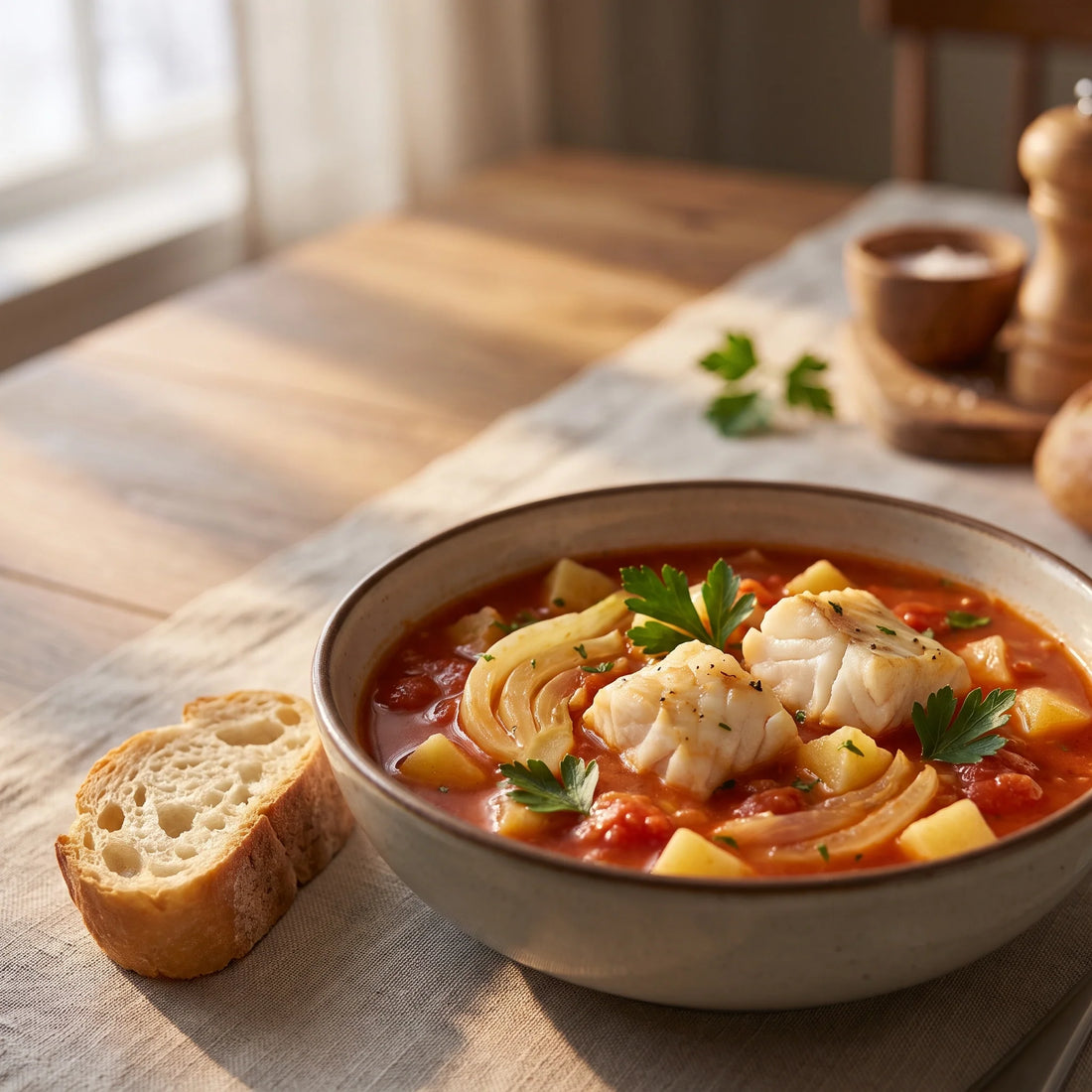 Ein tiefer Teller Fischsuppe mit weißen Fischstücken, Fenchel, Tomaten und Petersilie, daneben Baguette