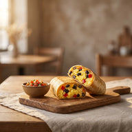 Ein halbierter Frühstücks-Burrito mit Rührei, schwarzen Bohnen, Paprika und geschmolzenem Käse auf einem Brett
