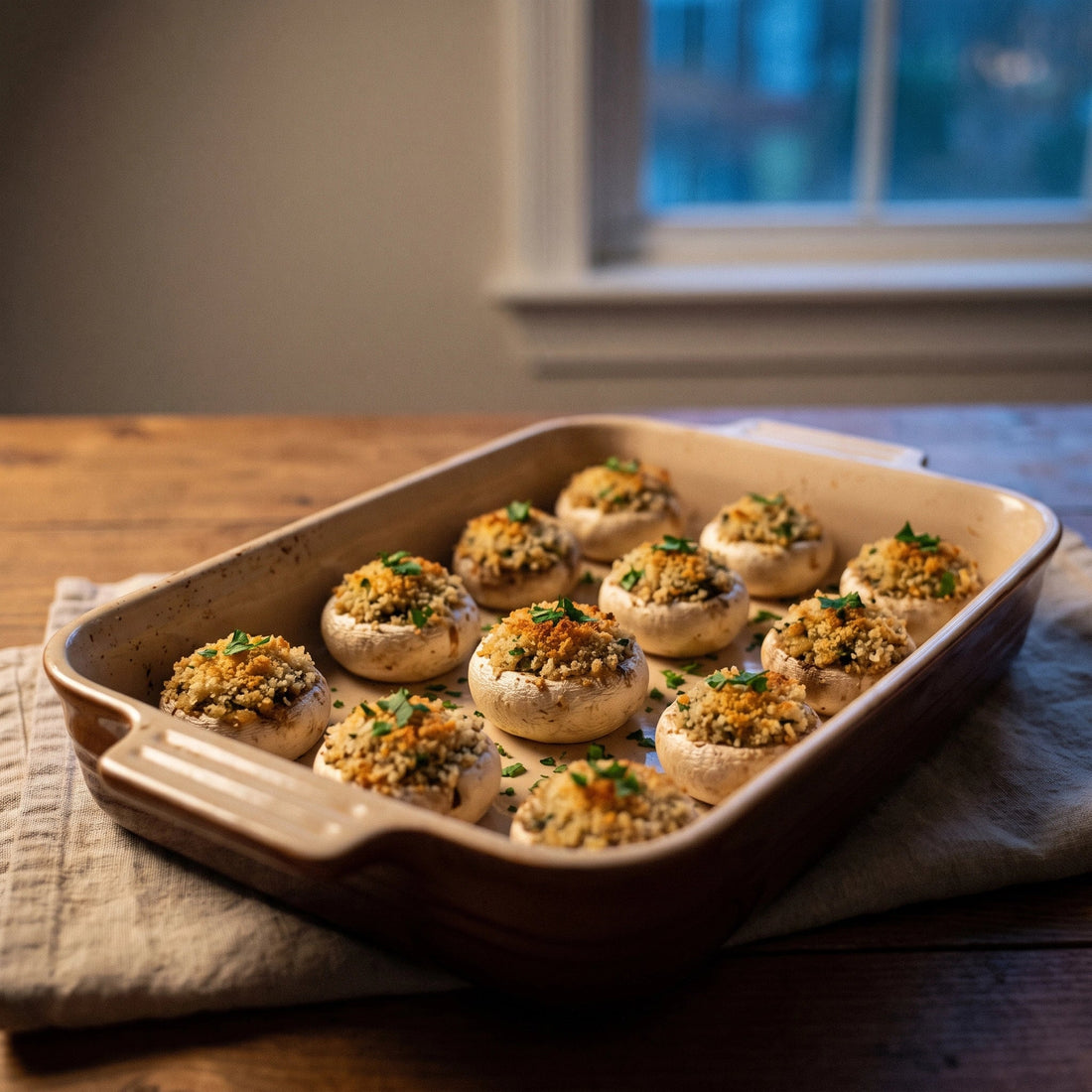 Gebackene gefüllte Champignons mit goldbrauner Kruste auf einem Blech, mit Petersilie bestreut