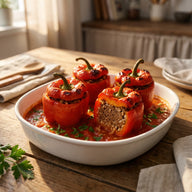 Vier gefüllte rote Paprikaschoten mit Hackfleischfüllung in einer Auflaufform mit Tomatensauce