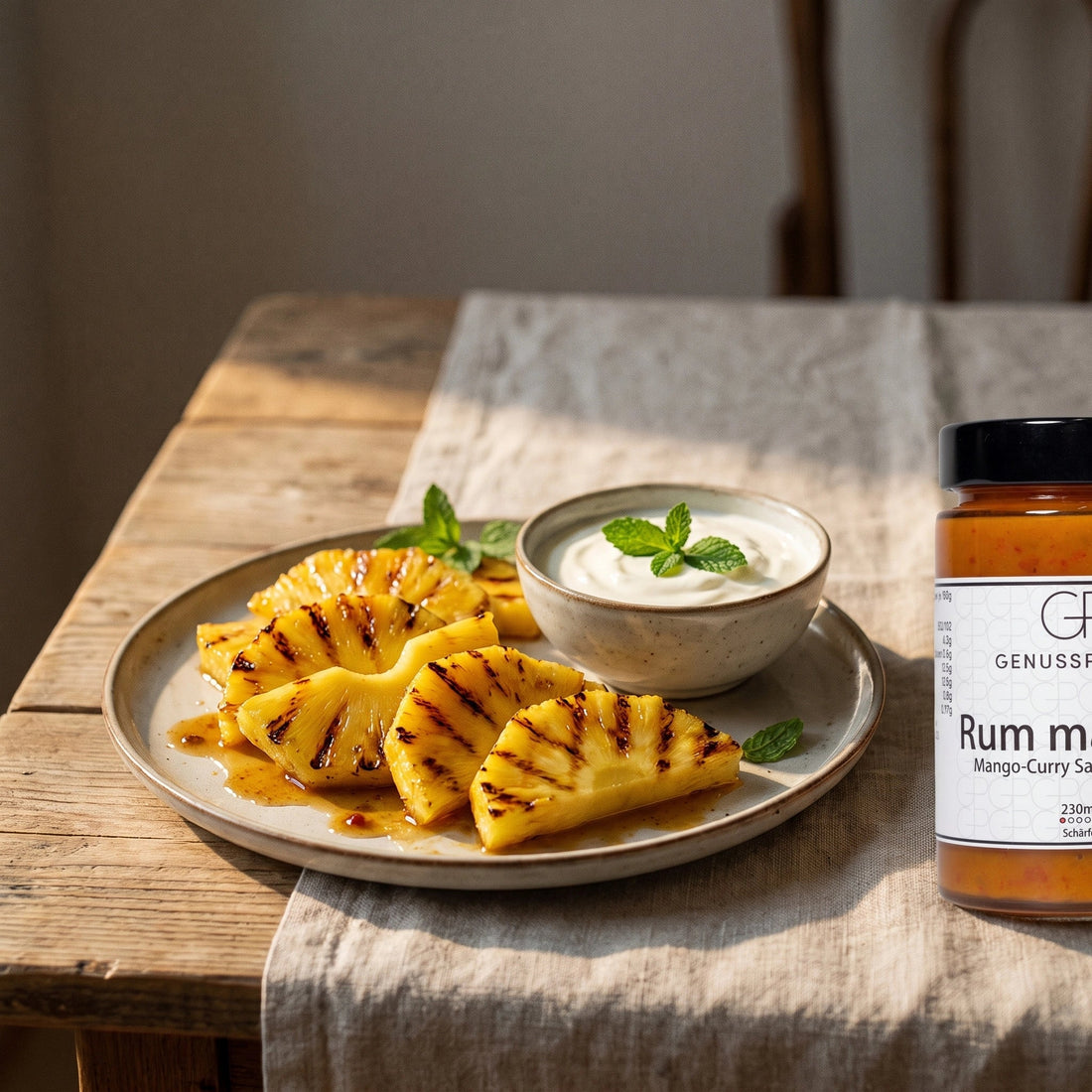 Gegrillte Ananasscheiben mit dunklen Grillstreifen und glänzender Sauce, daneben Joghurt und Minze, und eine Flasche Rum machen