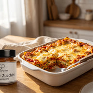 Eine angeschnittene Gemüselasagne in einer Auflaufform mit goldbraun überbackenem Käse, daneben ein Glas Tomate Zucchini