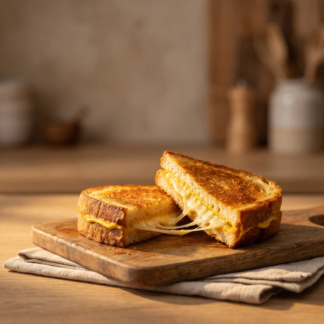 Ein aufgeschnittenes Käsesandwich mit goldbrauner Kruste und herausfließendem Käse