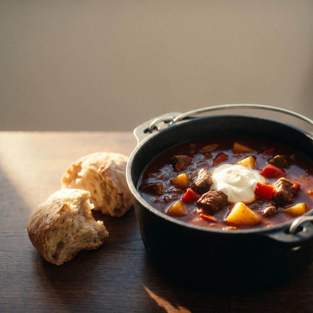 Dunkelrote Gulaschsuppe mit Rindfleisch und Paprika in einem gusseisernen Topf