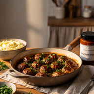 Eine Pfanne mit runden, gebräunten Hackbällchen in dunkler, glänzender Biersauce, mit Petersilie bestreut