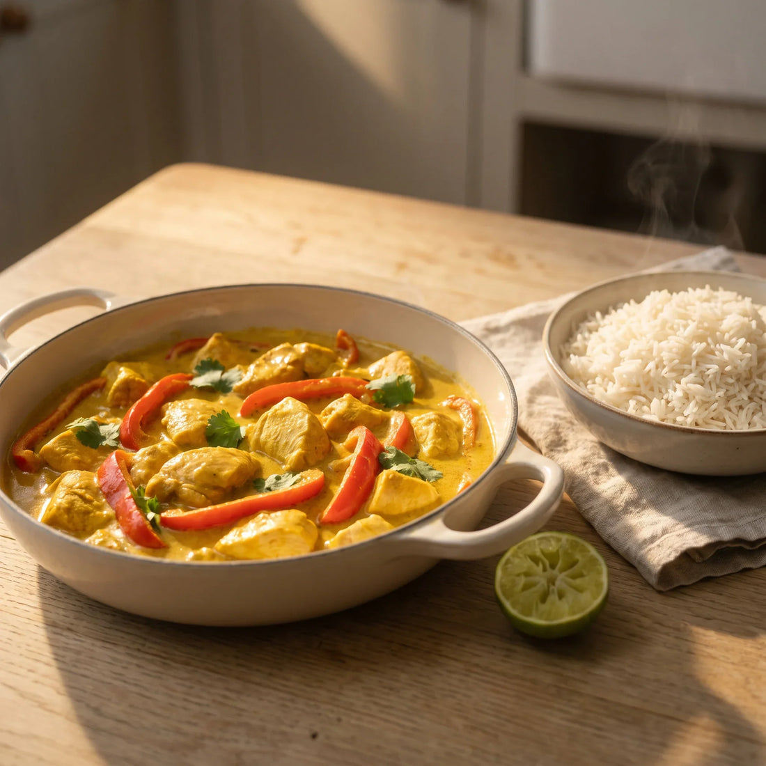 Hähnchen-Curry mit Paprika in einer goldgelben Sauce, daneben Basmatireis