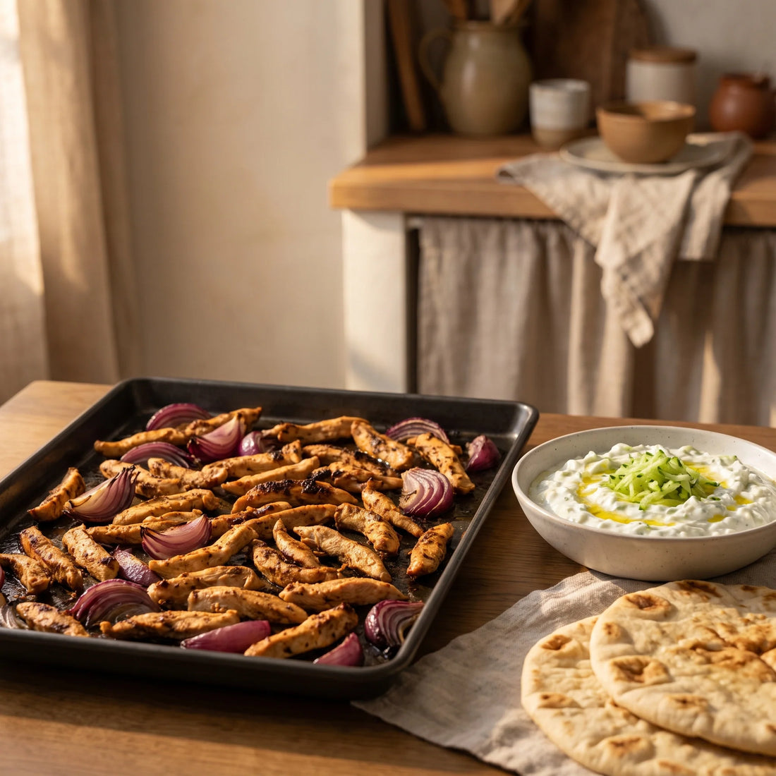 Knusprige Hähnchen-Gyros-Streifen mit roten Zwiebeln auf einem Backblech, daneben eine Schale Tzatziki