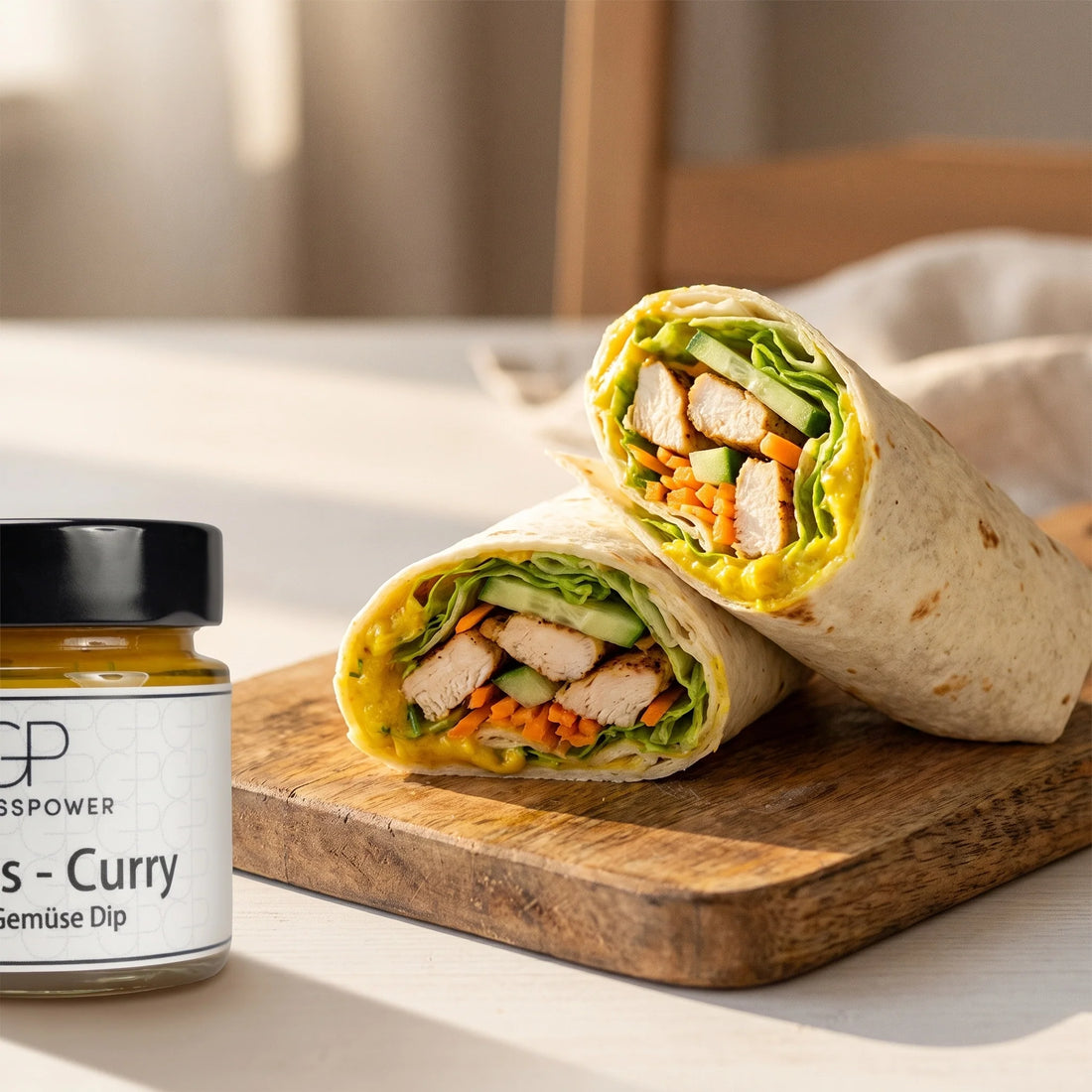 Zwei halbierte Wraps mit gebratenem Hähnchen, Salat, Gurke und gelblichem Aufstrich, daneben ein Glas Ananas Curry