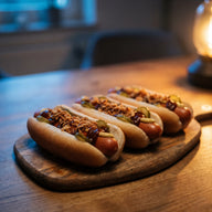 Mehrere Hot Dogs in Brötchen mit Würstchen, dunkler Currysauce, Röstzwiebeln und Gurkenscheiben auf einem Brett