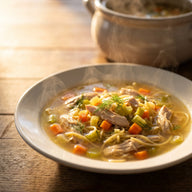 Ein Teller klare Hühnersuppe mit Nudeln, Möhren, gezupftem Hühnerfleisch und frischem Dill