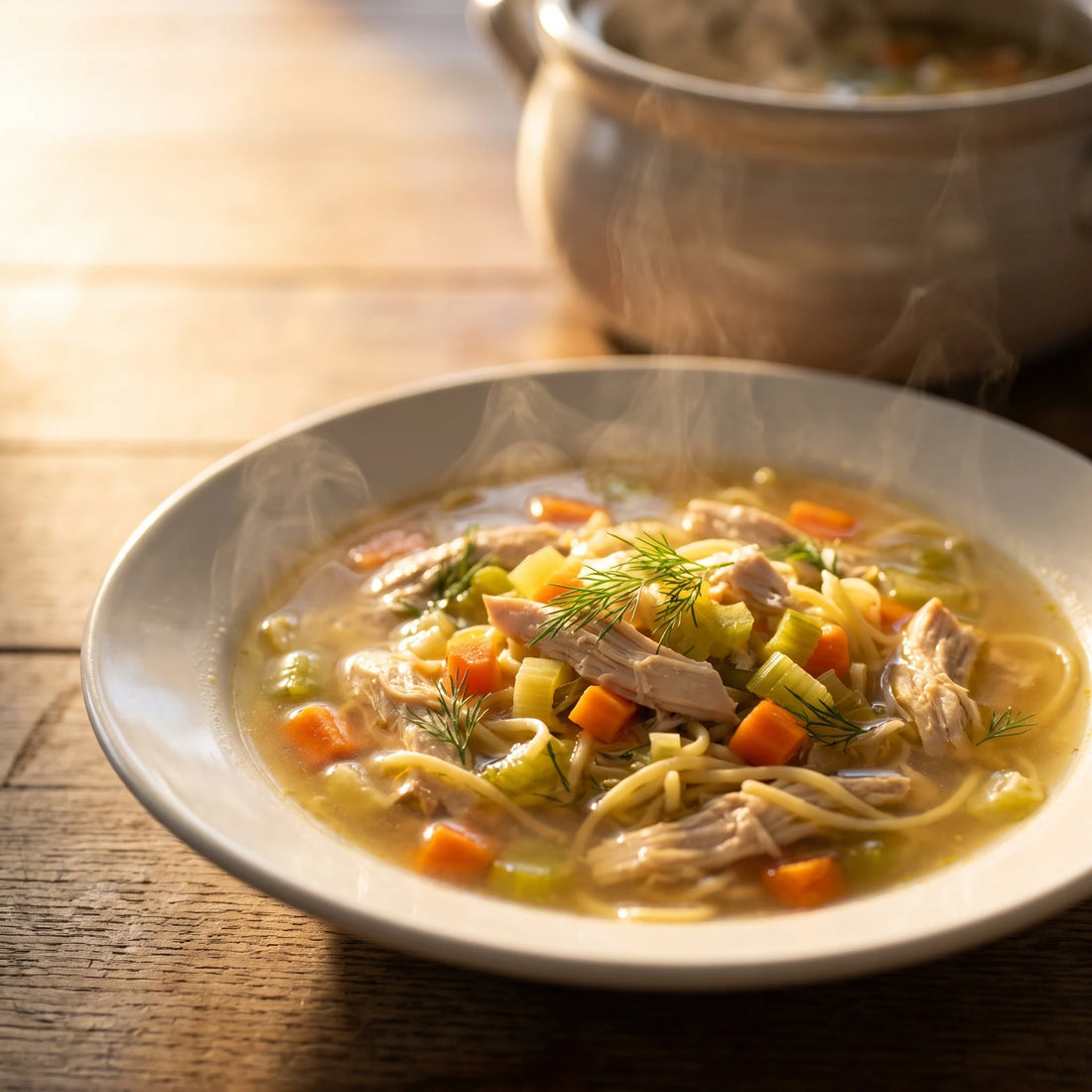 Ein Teller klare Hühnersuppe mit Nudeln, Möhren, gezupftem Hühnerfleisch und frischem Dill