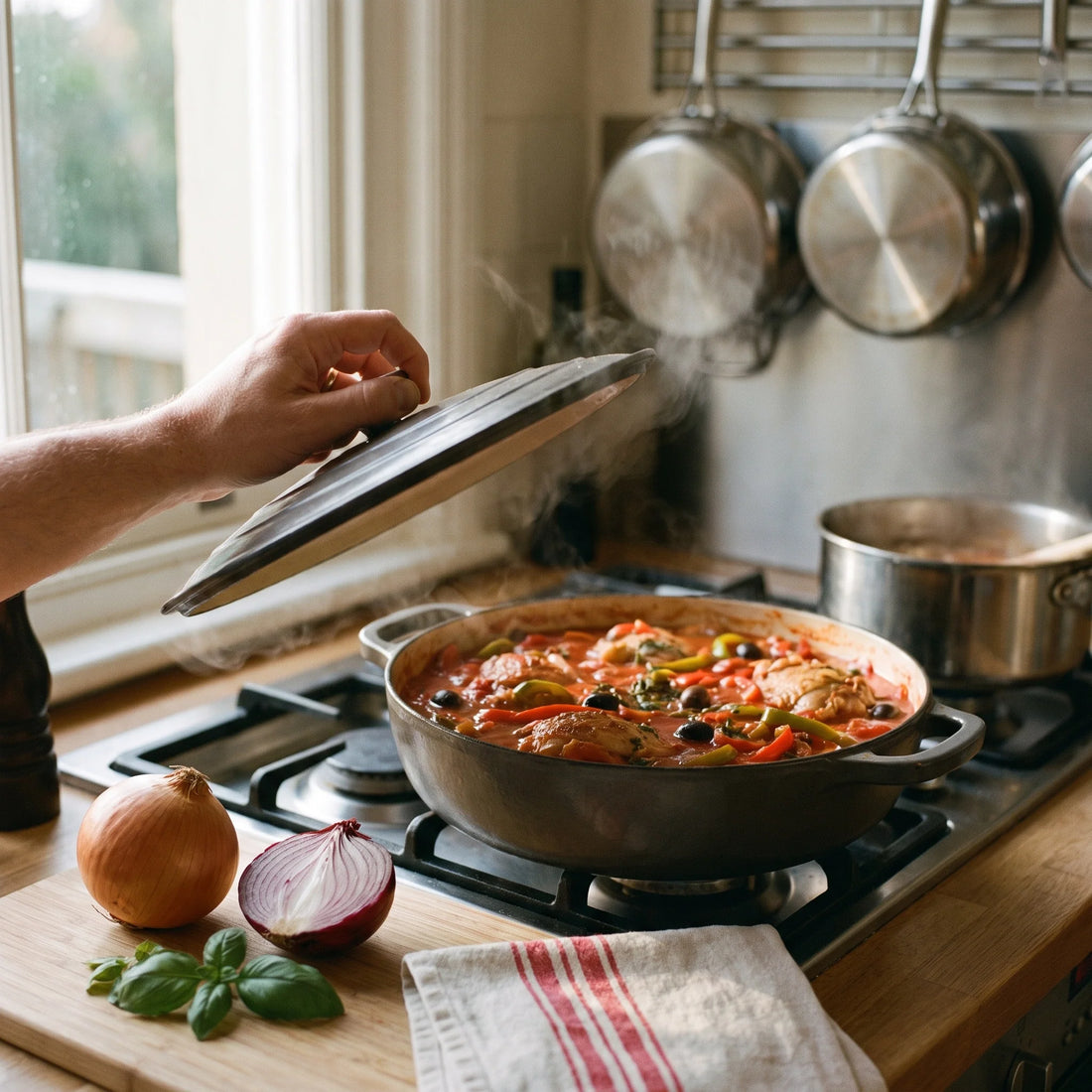 Ein Schmortopf mit Hähnchenkeulen in dicker Tomatensauce mit Paprika, Zwiebeln und Oliven