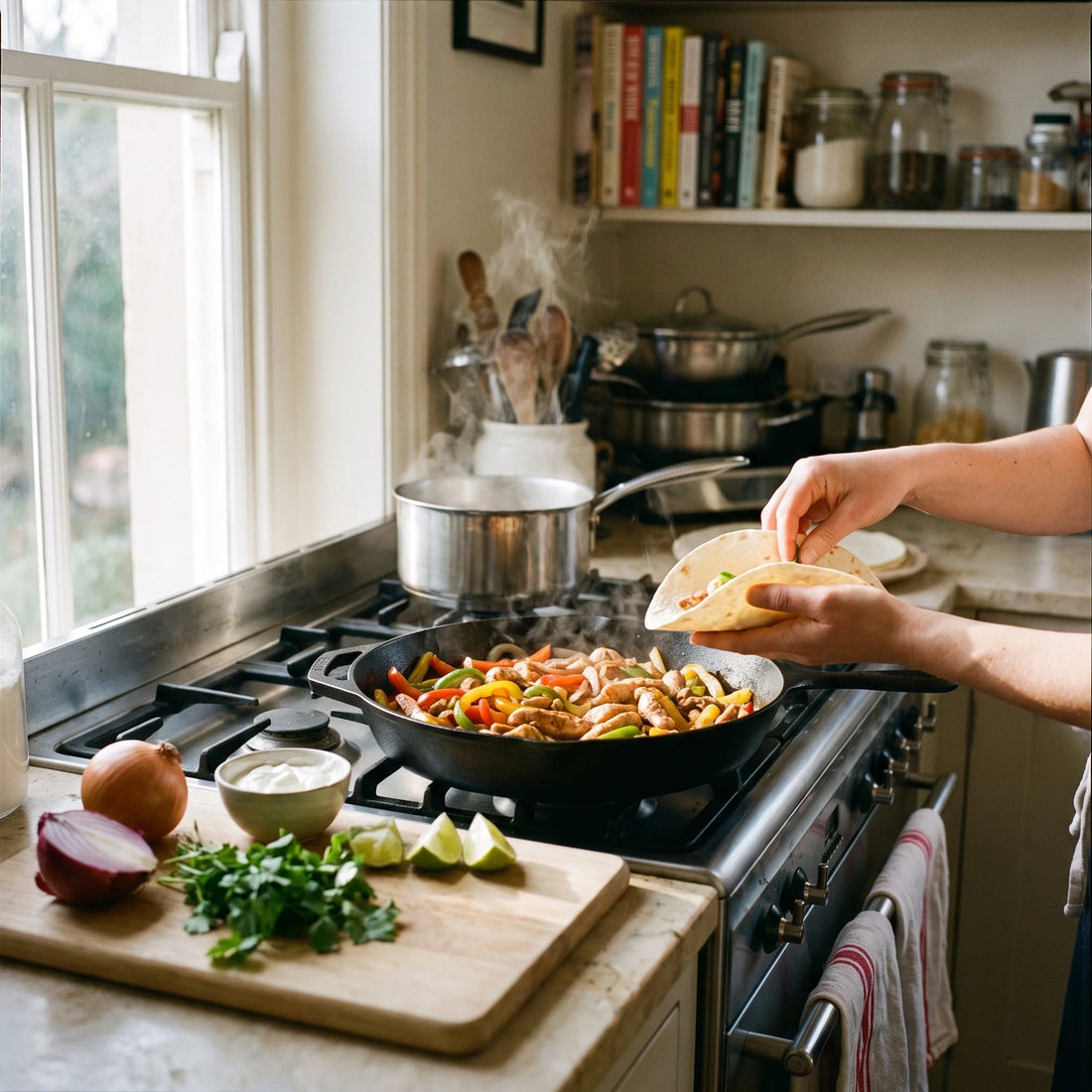 Eine heiße Pfanne mit Hähnchenstreifen, bunten Paprikastreifen und Zwiebeln, daneben Tortillas und Schälchen mit Toppings