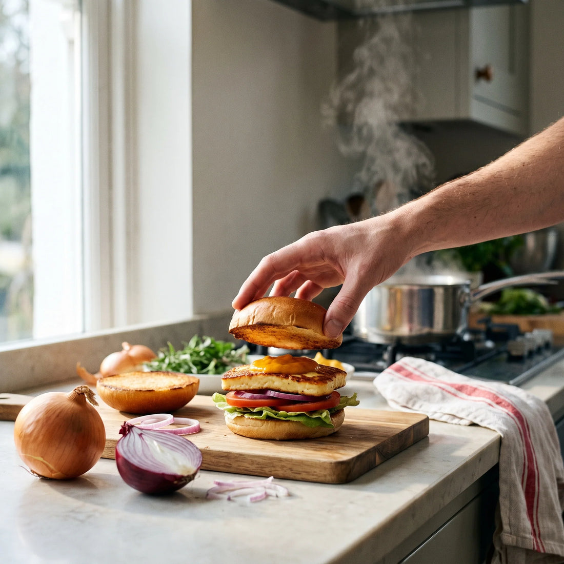 Ein Burger mit dicker, goldbraun gebratener Halloumischeibe, Salat, Tomate, roten Zwiebeln und orangefarbener Senfsauce