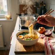 Eine Schale Nudelsuppe mit Ramen-Nudeln, halbiertem Ei, Frühlingszwiebeln, Spinat und knusprigen Würzstücken