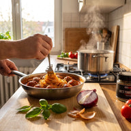 Ein Teller Spaghetti mit runden Hackbällchen in dicker Tomatensauce, und frischem Basilikum