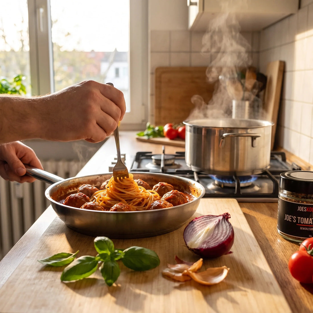 Ein Teller Spaghetti mit runden Hackbällchen in dicker Tomatensauce, und frischem Basilikum