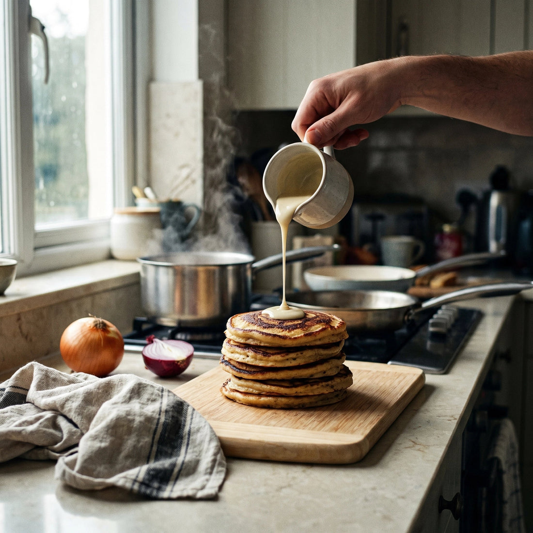 Ein Stapel fluffiger Pancakes mit eingebackenen Zimtspiralen, darüber ein Guss aus heller Creme