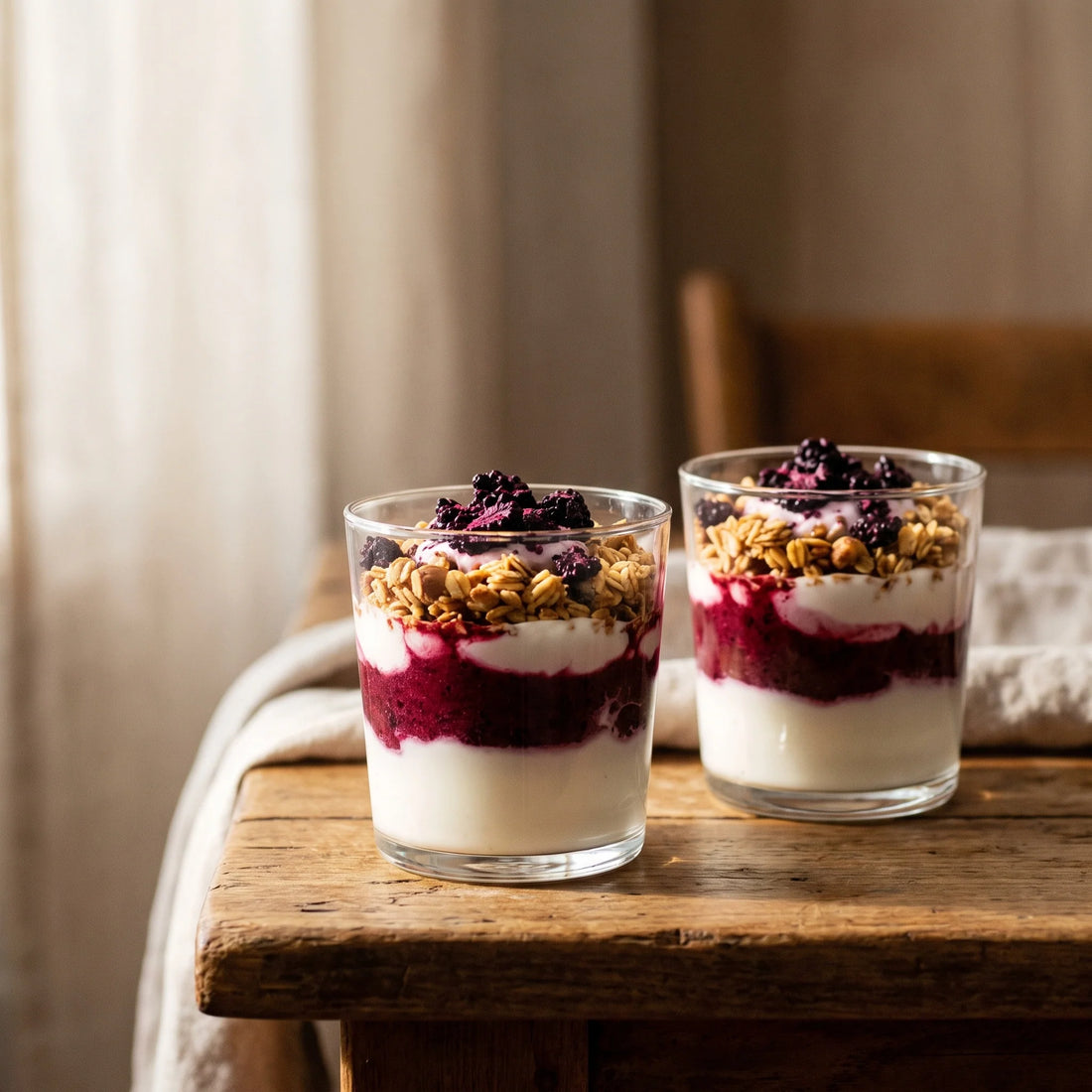 Zwei Gläser mit Schichten aus Joghurt, dunkelroter Brombeercreme und goldenem Knuspermüsli