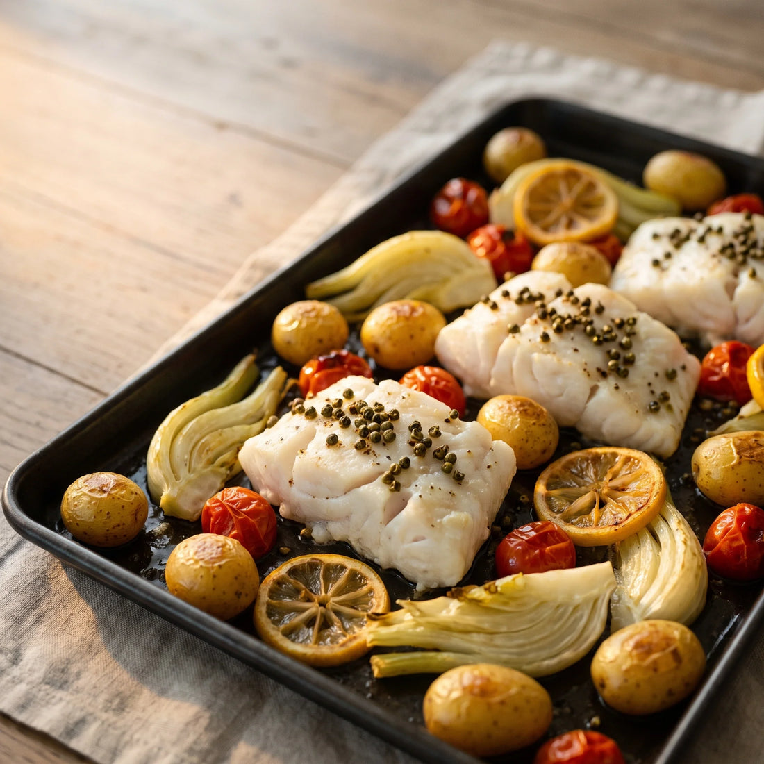 Weiße Kabeljaufilets auf geröstetem Fenchel, Kirschtomaten und Kartoffeln auf einem Backblech