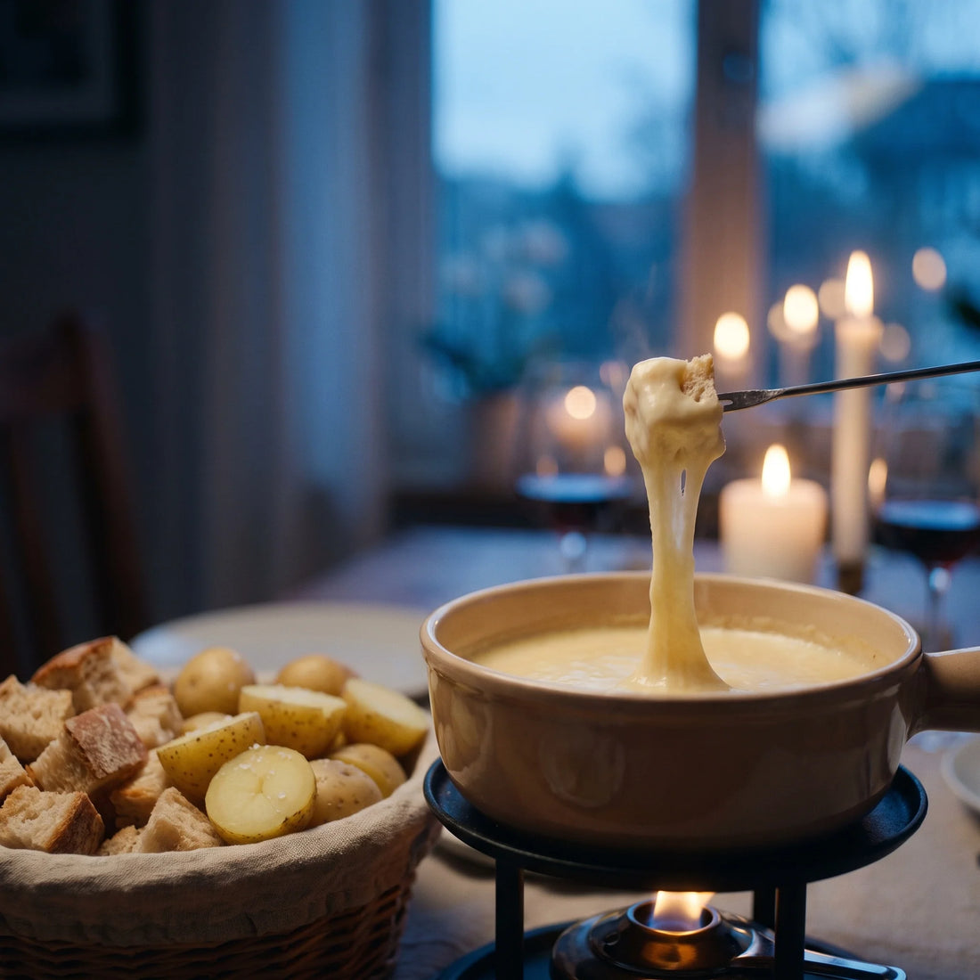Ein Topf mit cremig geschmolzenem Käsefondue, Brotwürfel auf Gabeln, Kartoffeln und Trüffelsalz
