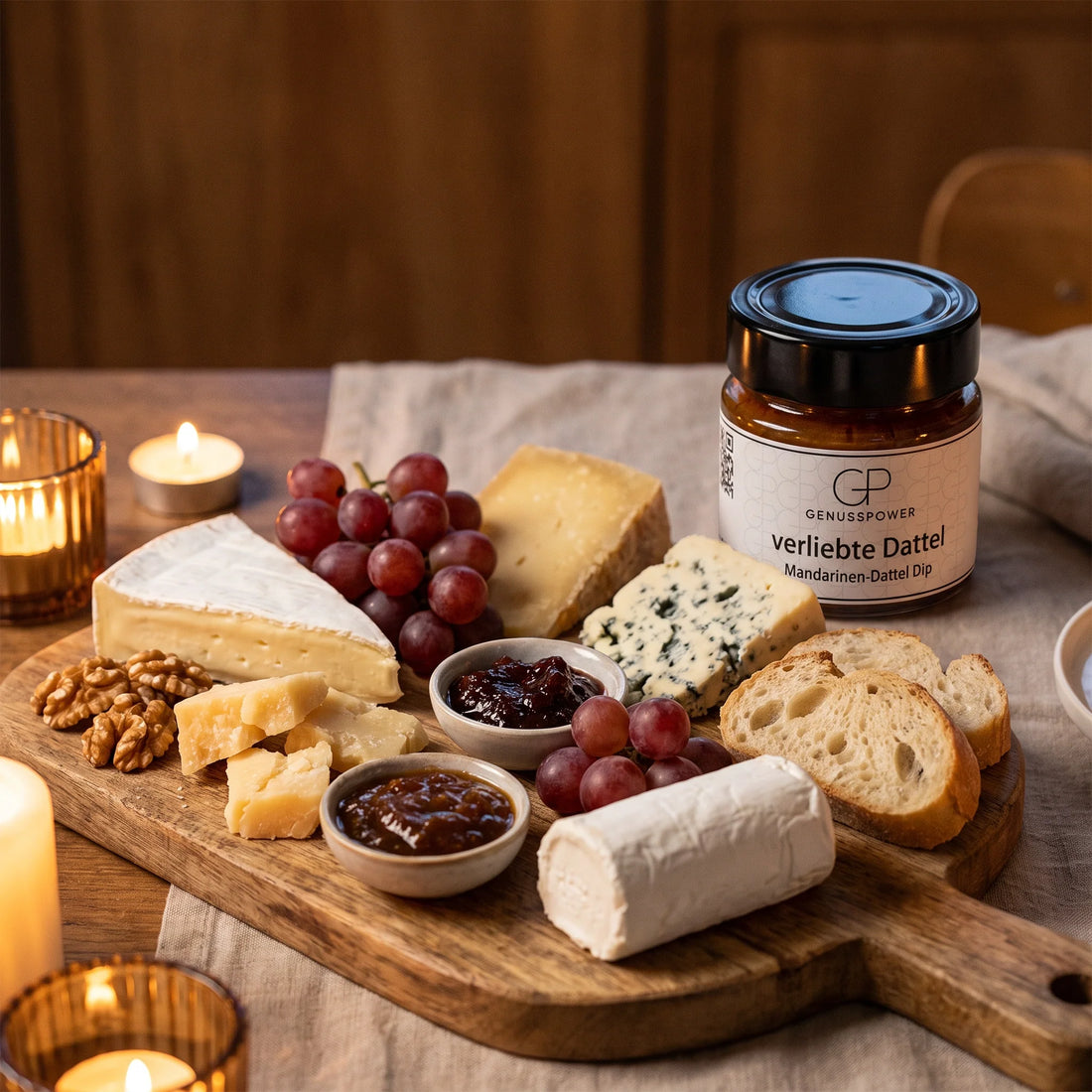 Ein Holzbrett mit Brie, Bergkäse, Blauschimmelkäse und Ziegenkäse, Trauben, Walnüssen und kleinen Schälchen mit dunklen Aufstrichen, daneben ein Glas Verliebte Dattel