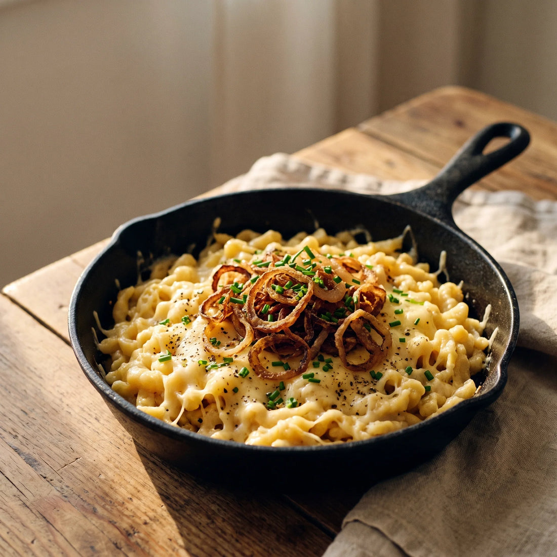 Eine gusseiserne Pfanne mit goldenen Käsespätzle, obendrauf knusprige Röstzwiebeln und Schnittlauch