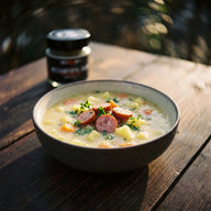 Kartoffelsuppe mit Würstchenscheiben und Petersilie in einem tiefen Teller