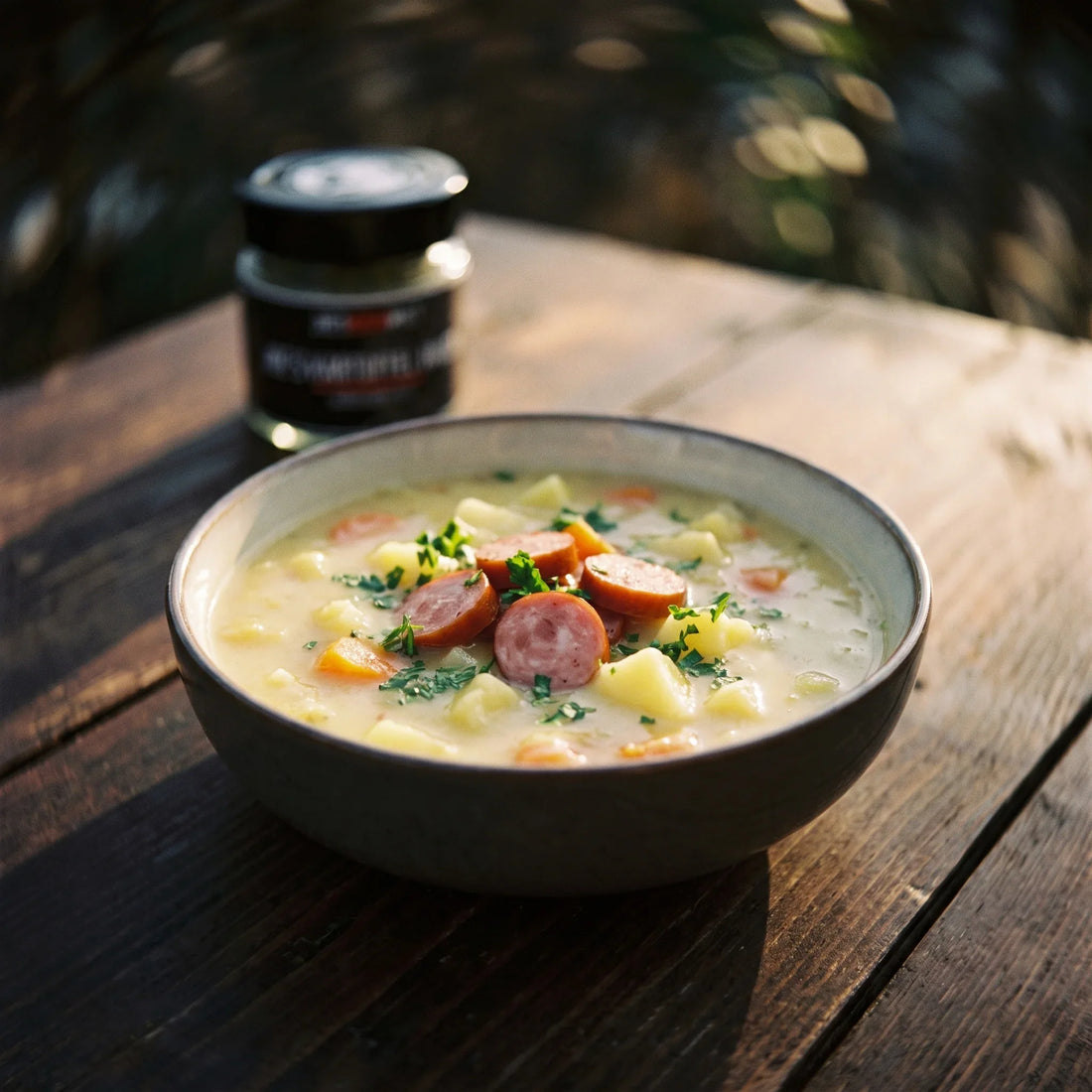 Kartoffelsuppe mit Würstchenscheiben und Petersilie in einem tiefen Teller