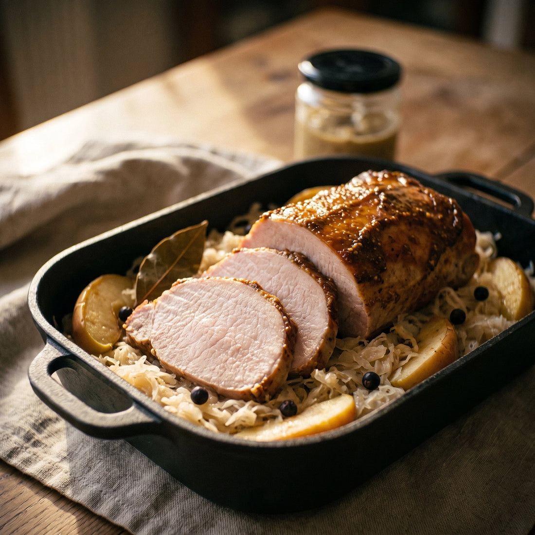 Aufgeschnittener Kassler mit glänzender Senfkruste auf Sauerkraut mit Apfelspalten im Bräter