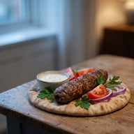 Eine längliche, gebratene Hackfleisch-Köfte auf Fladenbrot mit Joghurtdip, Tomaten, roten Zwiebeln und Petersilie