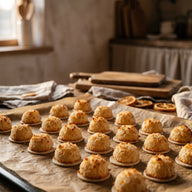 Goldbraune Kokosmakronen auf Oblaten mit kleinen orangen Fruchtstückchen