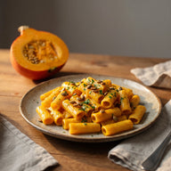 Ein Teller Rigatoni in cremiger, orangefarbener Kürbissauce mit gerösteten Kürbiskernen und Petersilie