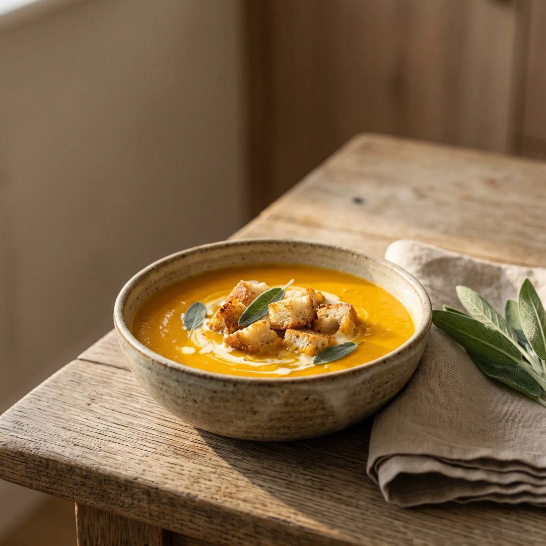 Cremige Kürbissuppe in einer Schale mit goldbraunen Brotwürfeln