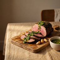 Eine aufgeschnittene, rosa gegarte Lammkeule auf einem Holzbrett mit grüner Kräutersauce