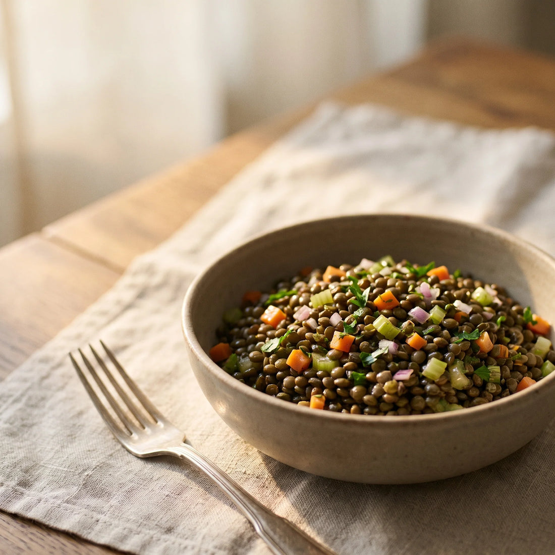 Eine Schale mit lauwarmem Linsensalat aus dunklen Linsen, Möhrenwürfeln, Sellerie und Petersilie