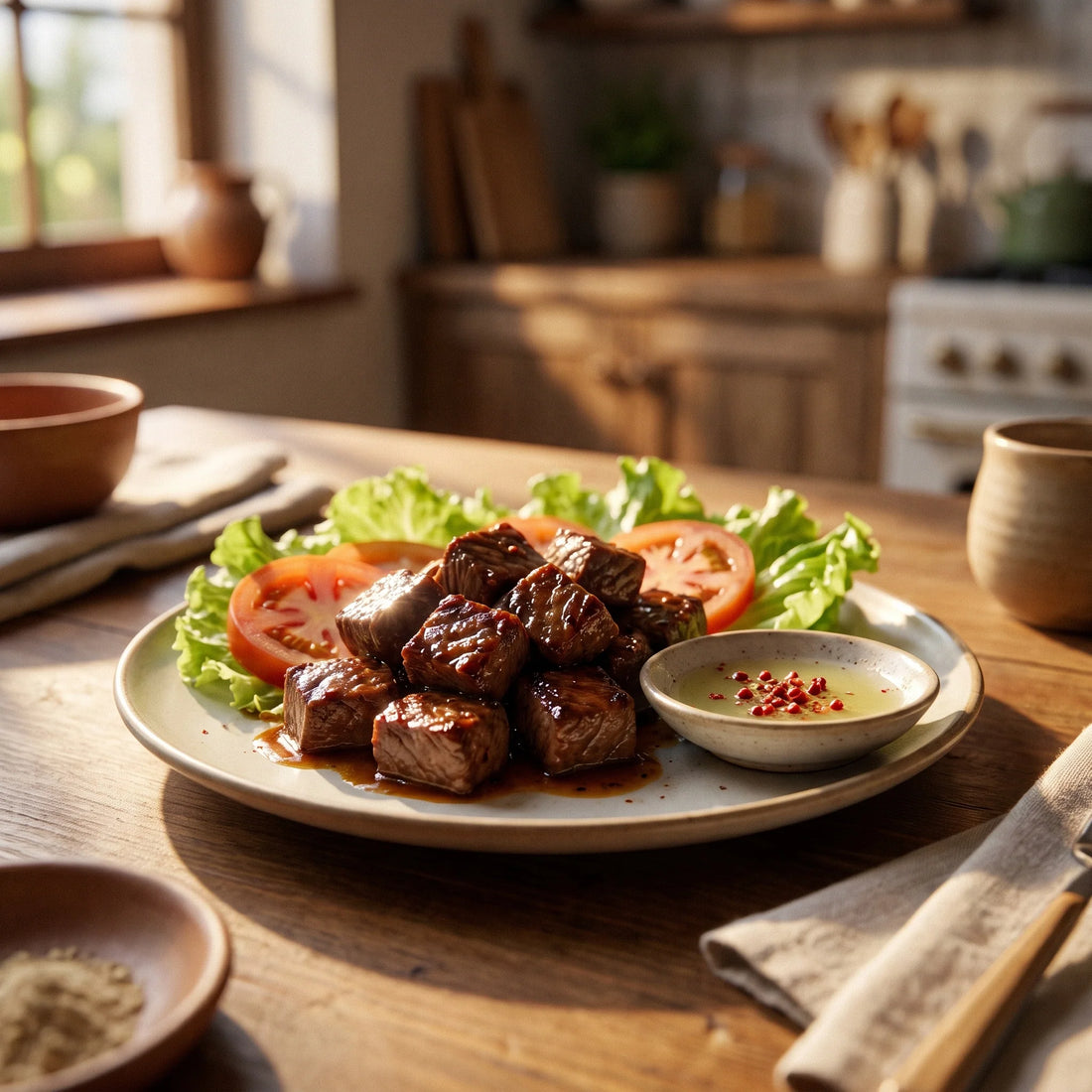 Gebratene Rindfleischwürfel in dunkler Sauce auf Salat und Tomaten, daneben ein Schälchen Limettendip mit rotem Pfeffer