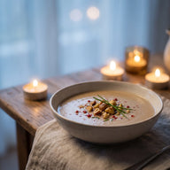 Eine Schale cremige hellbraune Maronensuppe mit gerösteten Maronenstücken, rosa Beeren und Schnittlauch