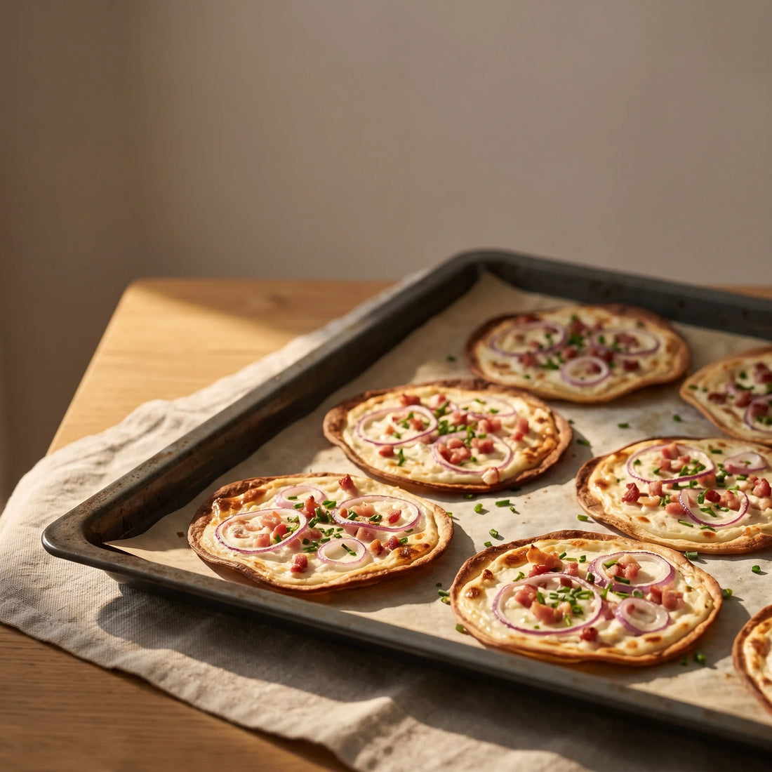 Kleine runde Flammkuchen mit Schmand, roten Zwiebelringen und Speck auf einem Backblech