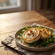 Warme Ziegenkäsetaler mit Honig und Walnüssen auf Rucola, darüber feines Salz mit Lavendelblüten