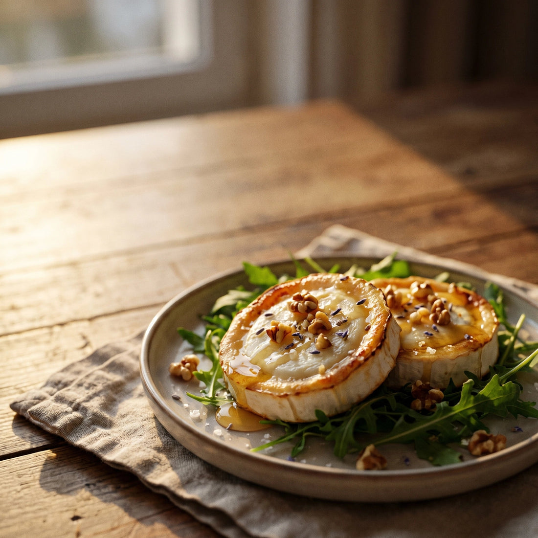 Warme Ziegenkäsetaler mit Honig und Walnüssen auf Rucola, darüber feines Salz mit Lavendelblüten
